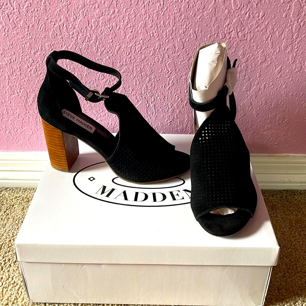 Black suede with brown heel